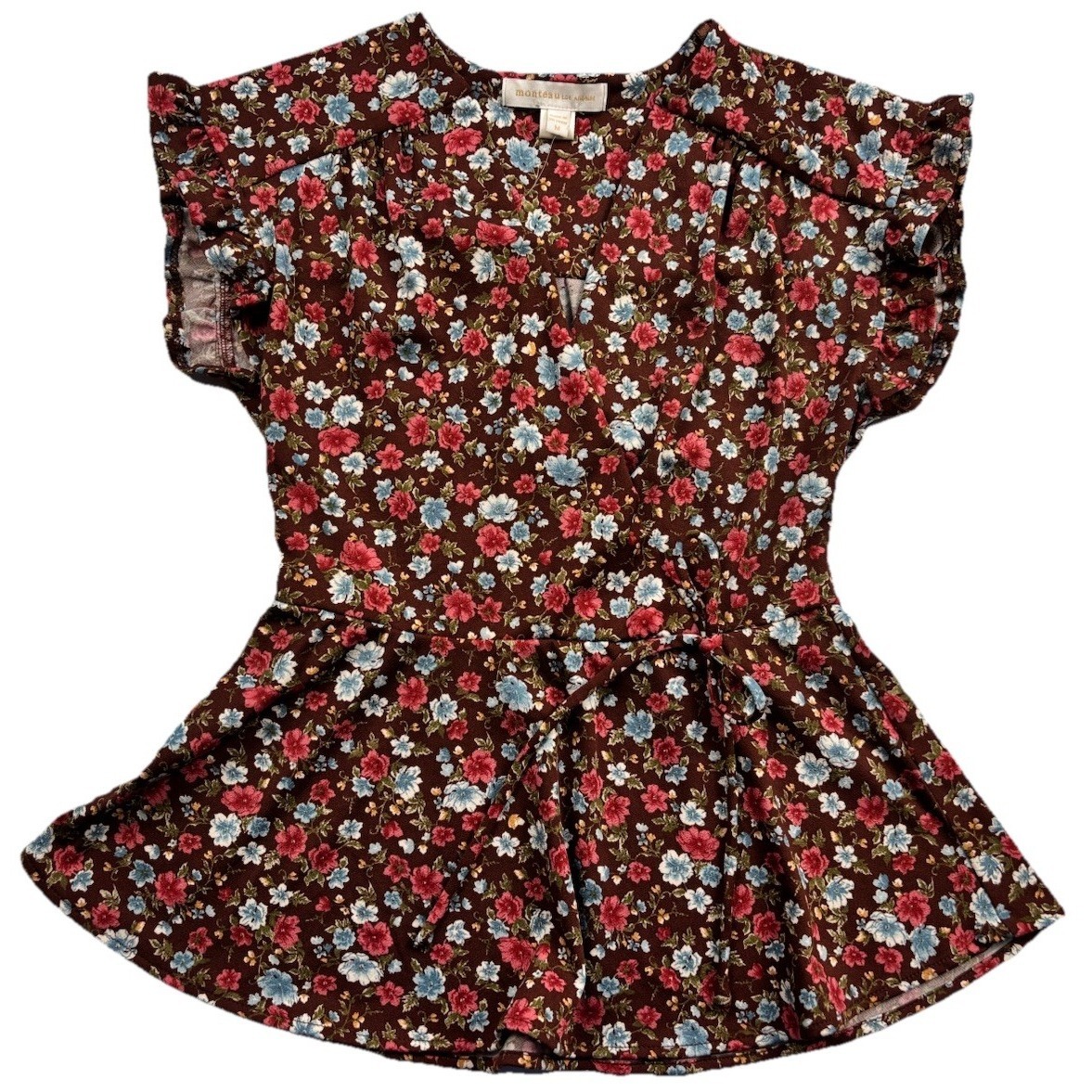 Monteau Los Angeles Brown Floral Faux Wrap Peplum Blouse Flutter Sleeve Sz L New